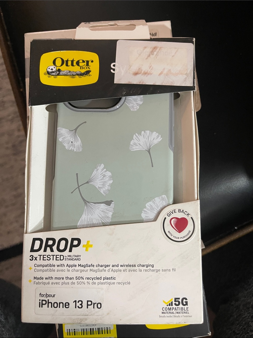 OtterBox iPhone 13 Pro Case in Sage Green with White Leaf Print